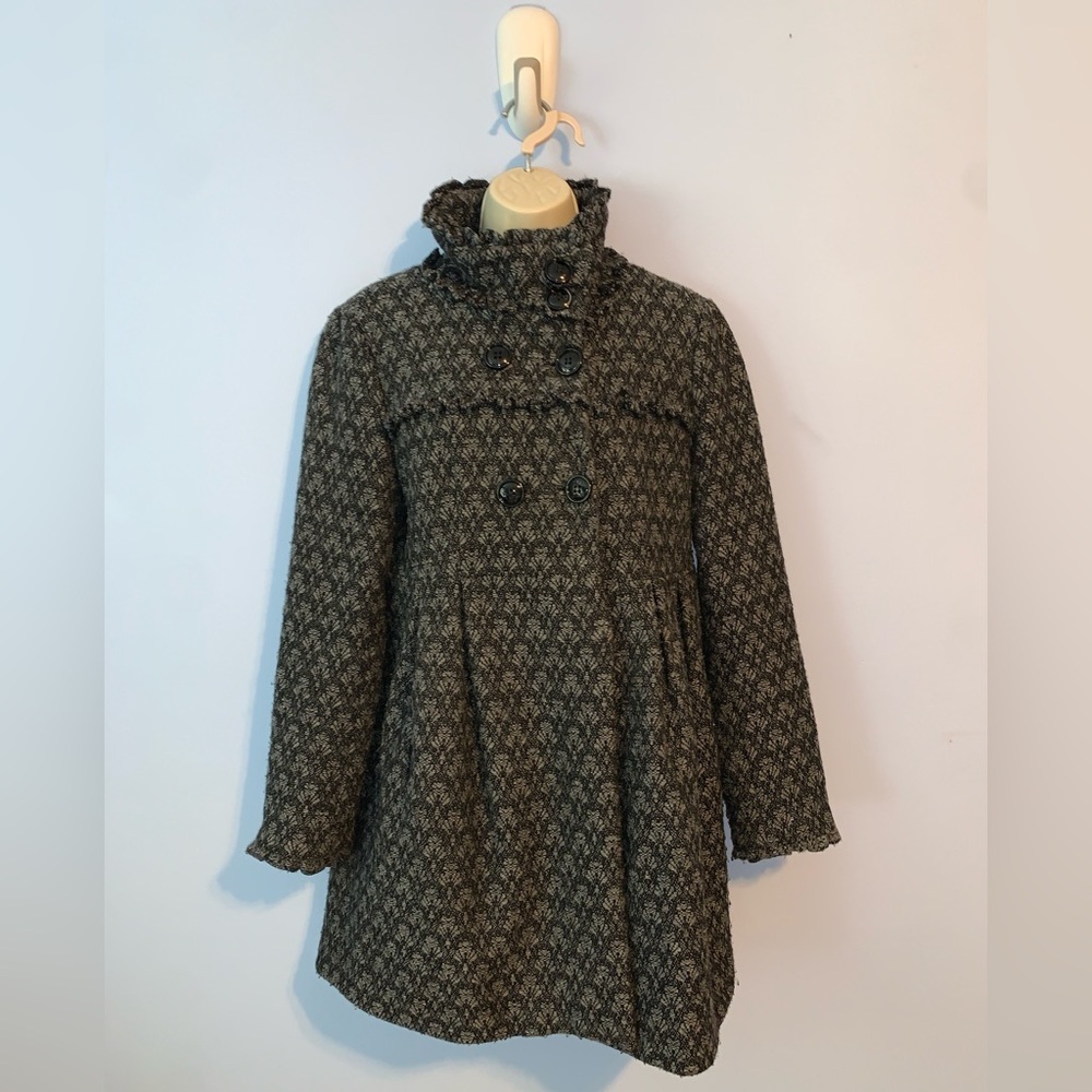 Steve Madden wool funnel neck gray black ruffle pea coat size large knit damask